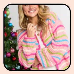Pink Lily Pink Multicolor Striped Crochet Cardigan